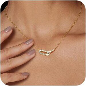 Dainty 18K Gold-CZ Paperclip  Diamond Open Oval Pendant Paperclip Chain Necklace